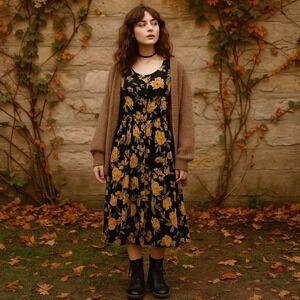 Vintage 90s Together! 6 Black Yellow Floral‎ Midi Cottagecore Prairie Grunge